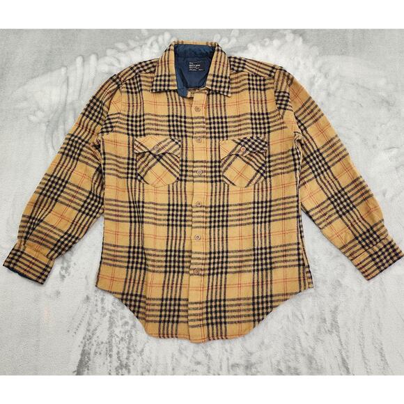 Vintage 70s JCPenney The Mens Shop Plaid Acrylic Flannel Shirt Size M Brown Blue - Picture 1 of 7